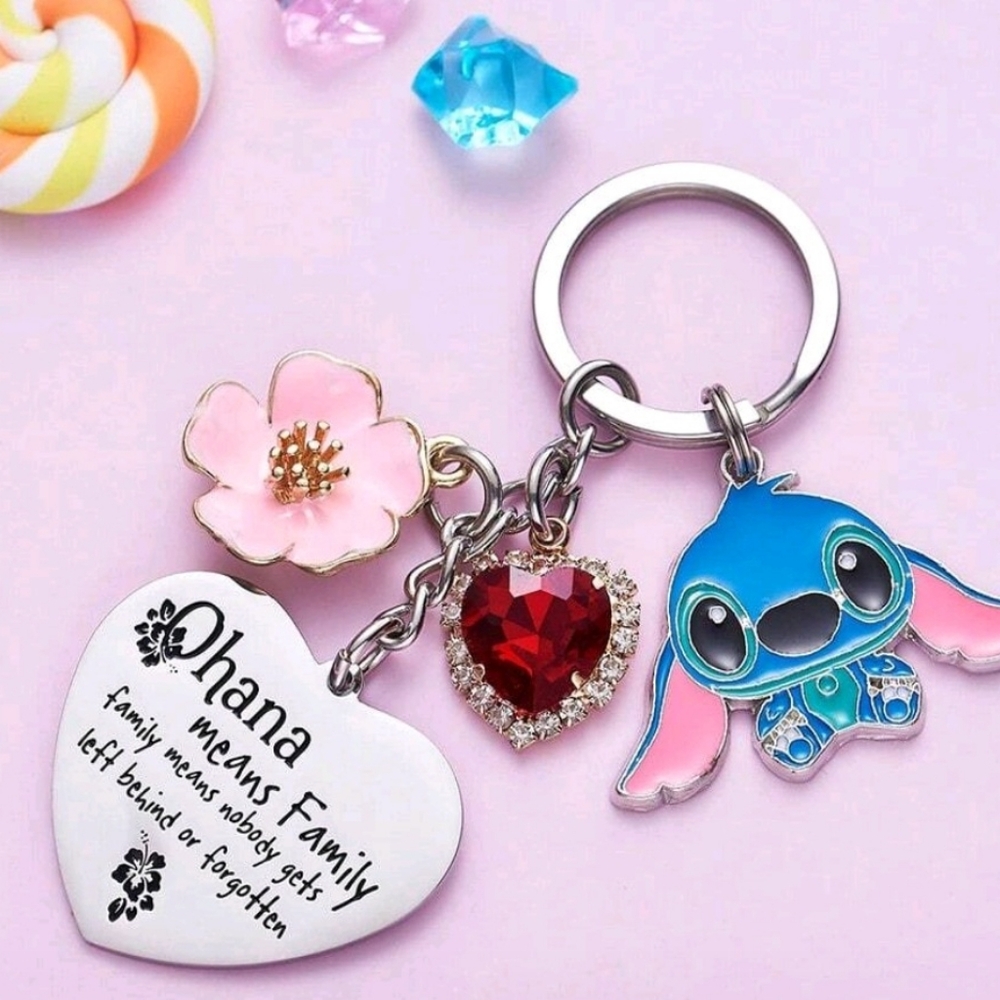 Disney Stitch Heart Keychain with Ohana Quote